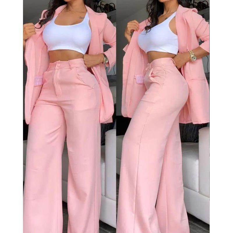 European and American Summer Women clothes Temperament Solid Split Sleeve Lapel Suit Straight Pants Set Women's Pants Suit Women