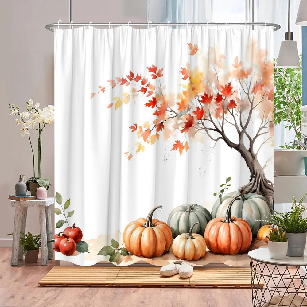 Autumn Scenic Shower Curtain Fall Pumpkin Farm Thanksgiving Butterfly Flower Leaf Barn Polyester Fabric Bathroom Decor Curtains