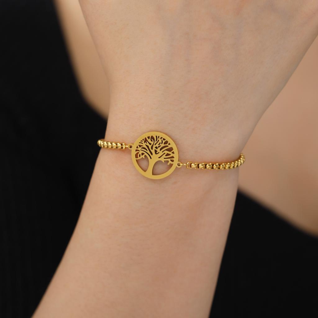 Teamer Vintage Tree of Life Charms Bracelet Women Gold Color Stainless Steel Bracelets 2025 New Jewelry Birthday Gift Wholesale