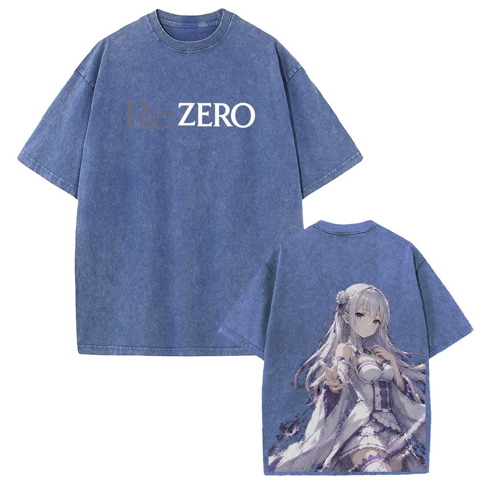 Emilia Re:ZERO Anime T-shirt Harajuku Vintage Washed Oversized T Shirt Men Women Clothing Short Sleeve 100% Cotton Tees Tops