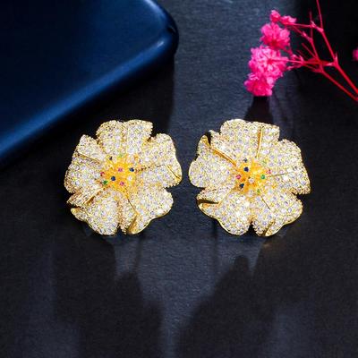 CMM Bright Full Micro Cubic Zirconia Pavimentato African Gold Color Grandi Orecchini Geometrici a Forma di Fiore per le Donne da Festa