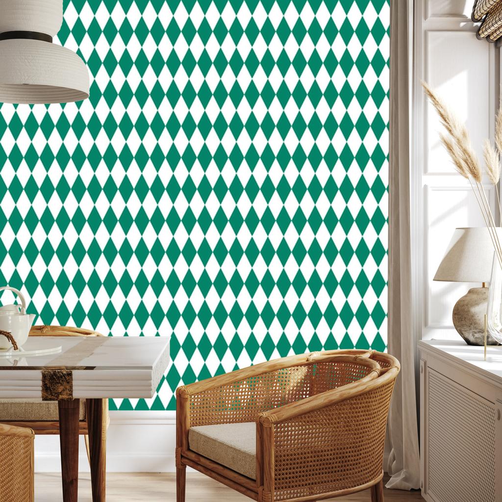 Harlequin Diamonds Wallpaper In Teal, White and Mint 50x1000