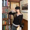 New contrasting color fake two-piece knitted bottoming shirt women's spring wear with Polo collar horn long-sleeved temperament sweater top