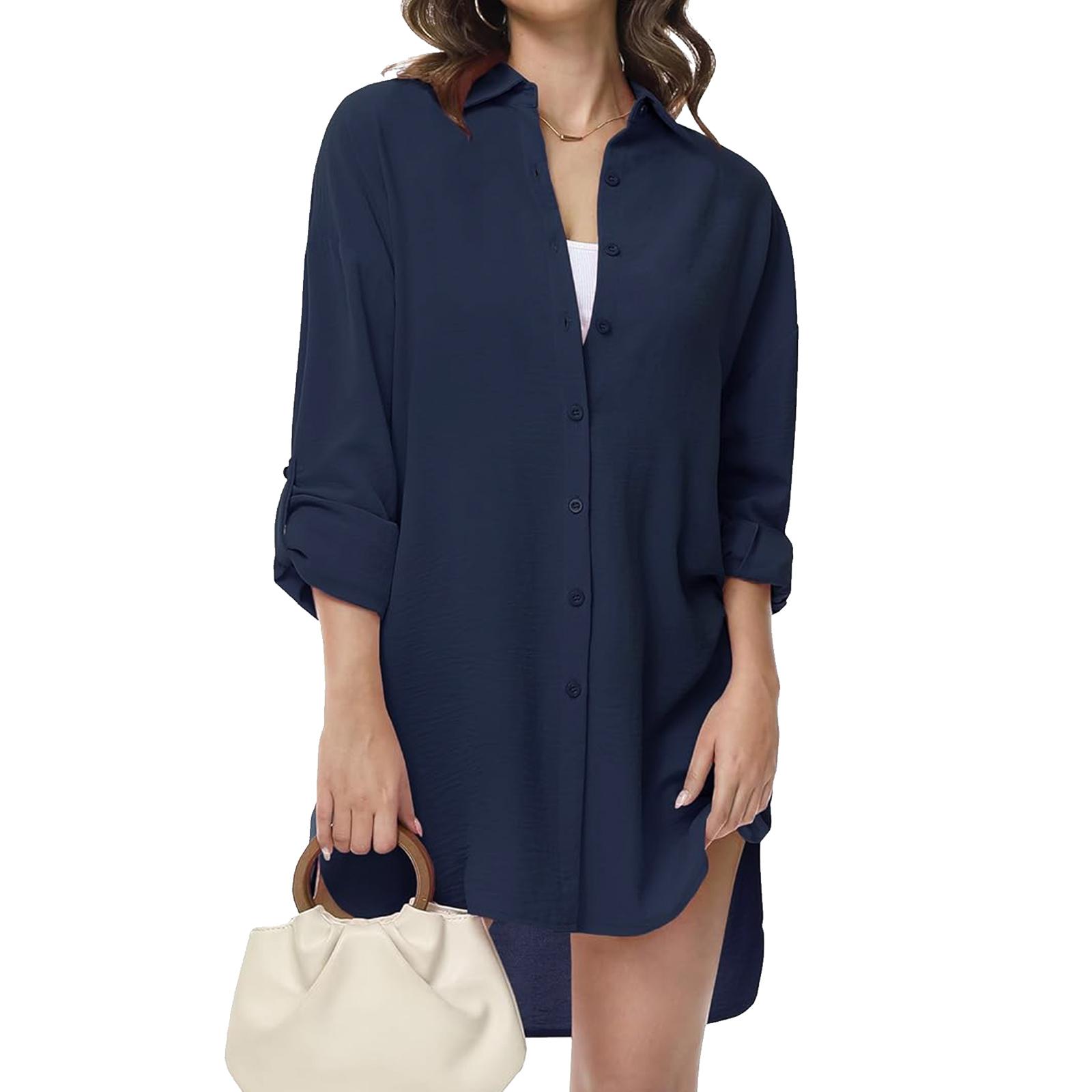 

Женские повседневные платья-рубашки с длинным рукавом, лацканами и застежкой на пуговицы S синий