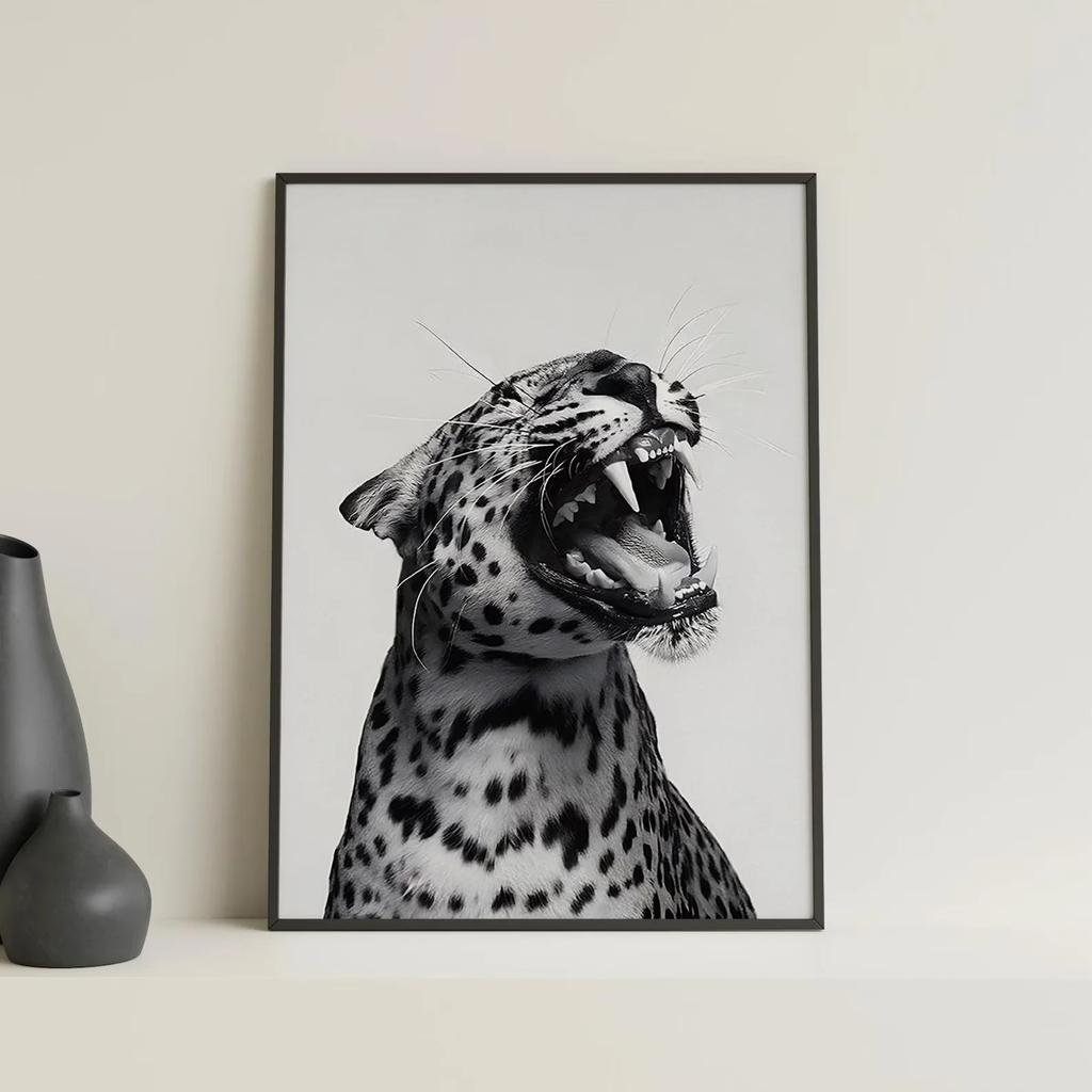 Trendy Leopard Roar Print Black and White Wall Art Pictures for Living Room Home Decor Unframed