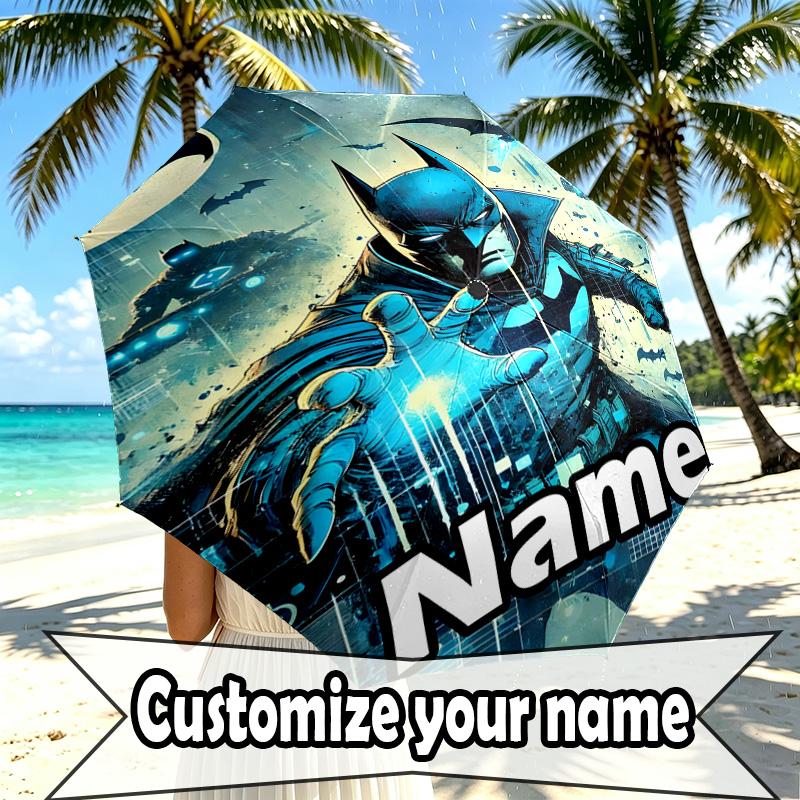 Custom Name Personalized Batman Print Umbrella, Auto Open Close, 8‑Rib Sturdy Frame, Commute Camping Hiking Use, Birthday Gift