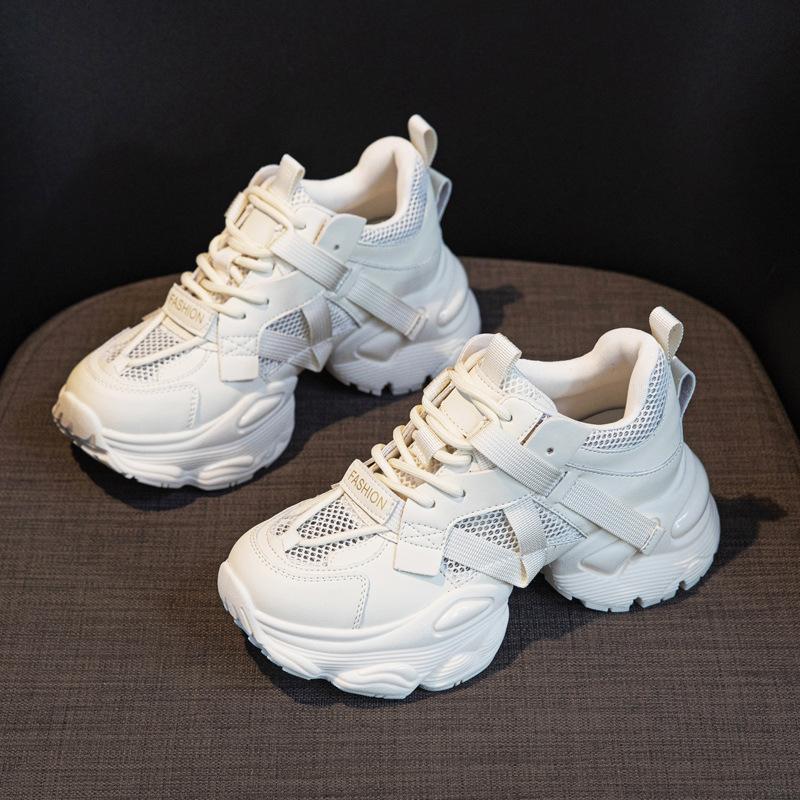 Leather platform dad shoes women's 2025 summer new versatile heightening breathable mesh white shoes sports and leisure shoes