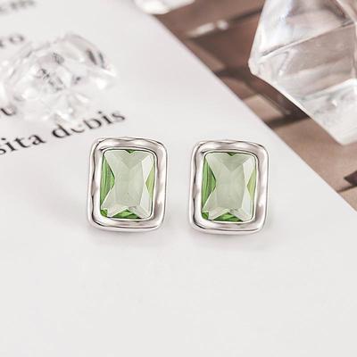 Elegant Green Zircon Square Stud Earrings for Women - High-End Hong Kong Style, Unique and Sophisticated Design.