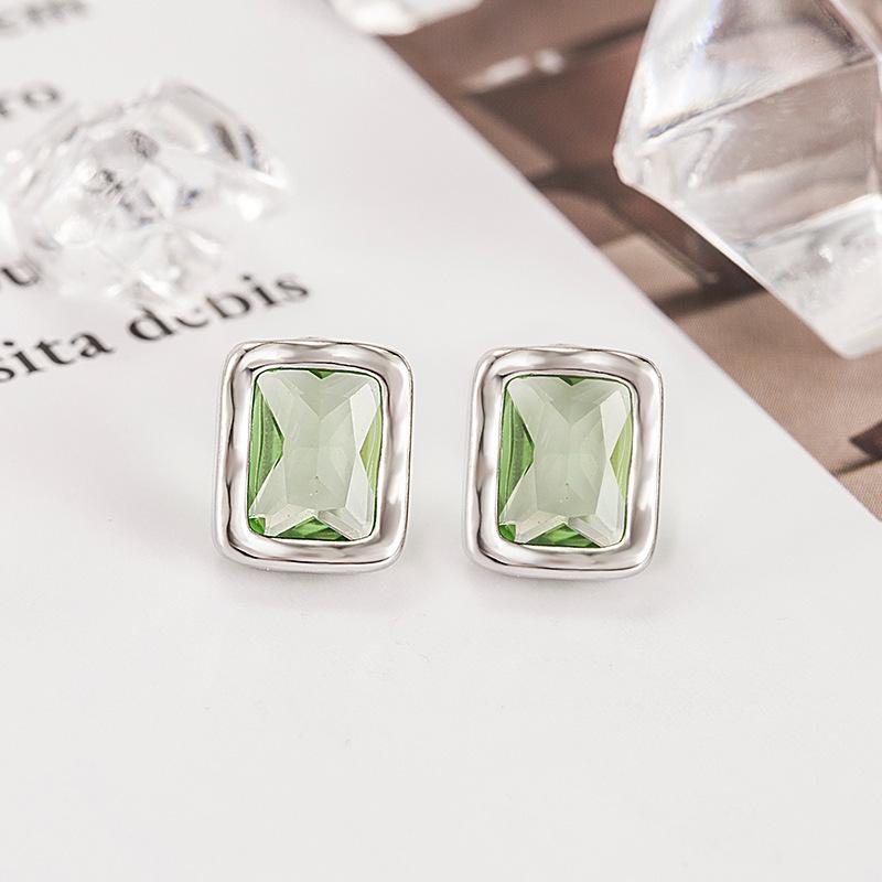 Elegant Green Zircon Square Stud Earrings for Women - High-End Hong Kong Style, Unique and Sophisticated Design.