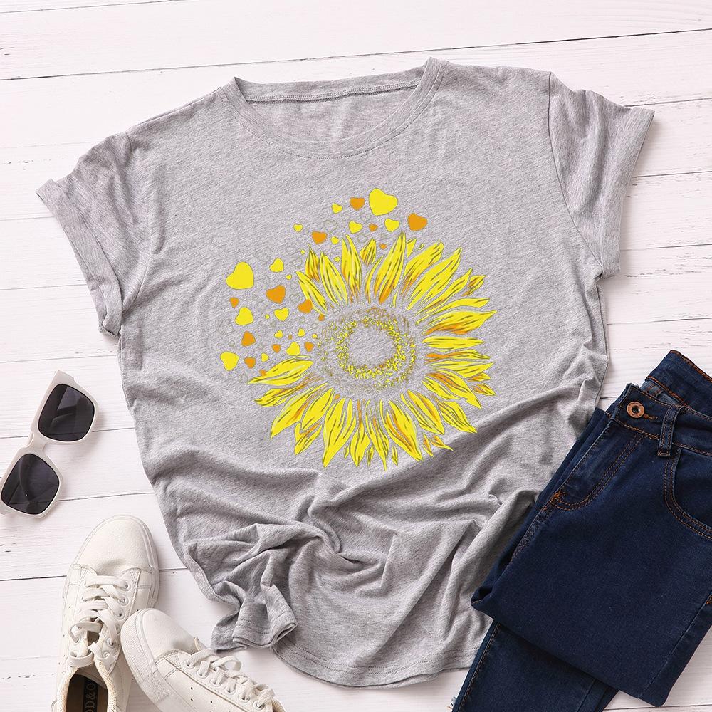 Cotton T-Shirt Short Sleeve Round Neck Women 2d Print Tops