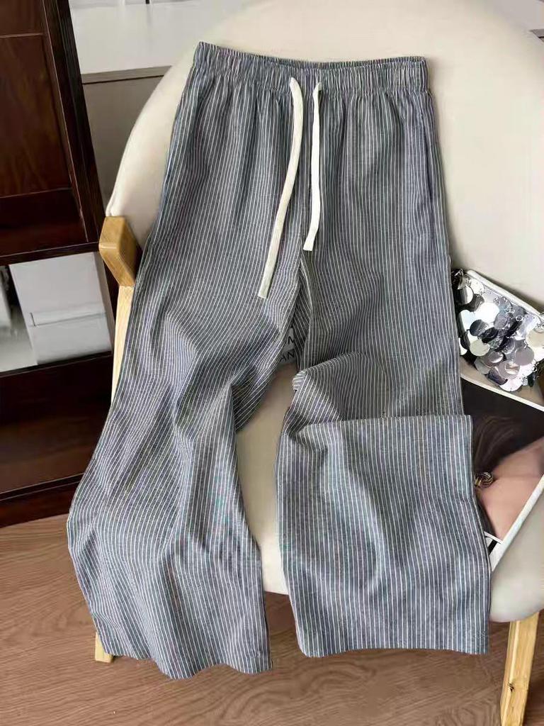 Comfortable Grey Striped Cotton Drawstring Pants for Short People - Thin, Casual, with Summer Pockets