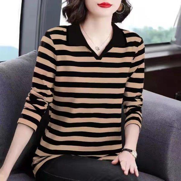 

YYFS Женская мода Повседневная весна-осень Полосатый принт Длинные рукава Поло воротник блузки и рубашки L