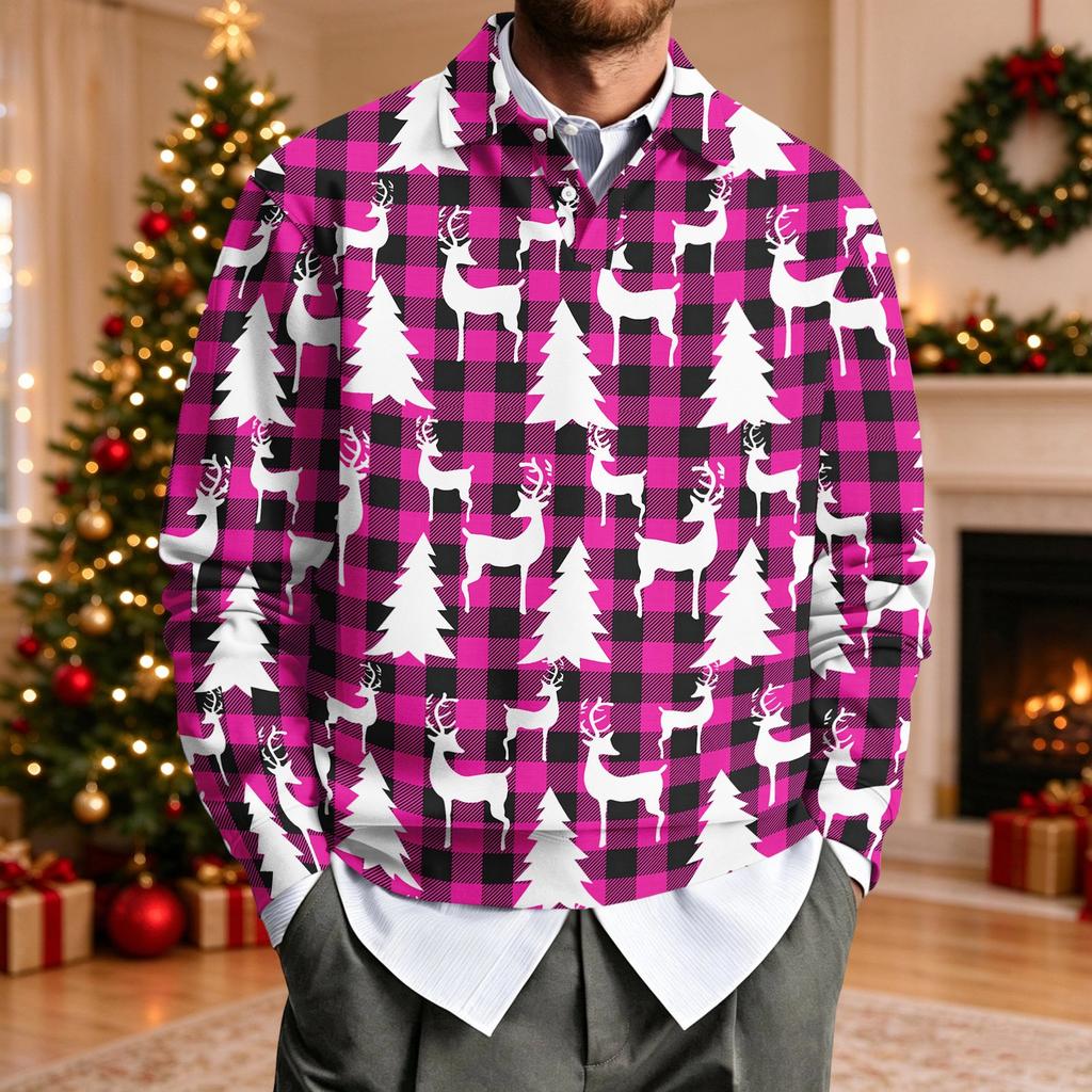 Men's Casual Loose Fit Long Sleeve Collared Shirt with Christmas Print for Holiday Parties
