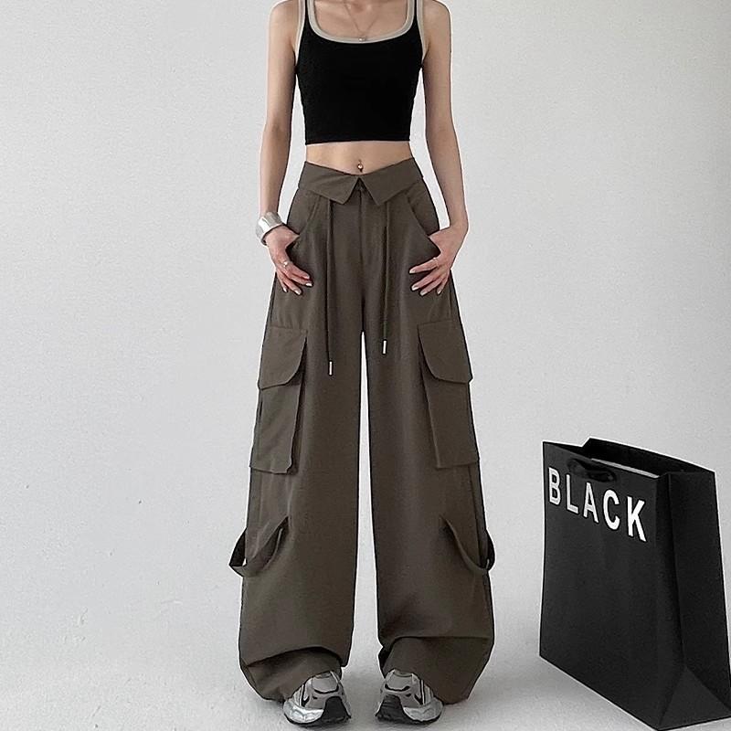 

Быстросохнущий парашютный комбинезон женский осенний новый дизайн чувство перекрученная талия повседневные свободные прямые широкие брюки-карго XL