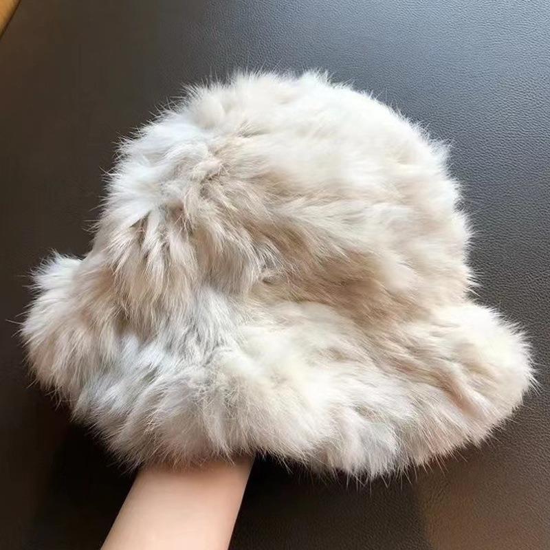 Women S Winter Warm Fluffy Rabbit Fur Blend Knit Bucket Hat