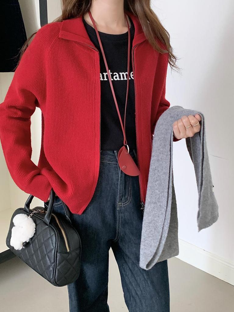 2026 Autumn/Winter Women's Pure Wool Zipper Stand Collar Knit Cardigan Sweater