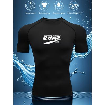 Product Title: Mens Black Compression Short Sleeve T-Shirt Refasion Logo Graphic Quick Dry Breathable High Elasticity Gym And Running Athletic Top
