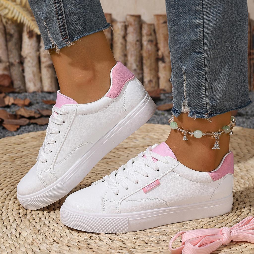 Zapatos Blancos Mujer Primavera Otoño Suela Plana Zapatillas de Cuero Casual con Cordones Estilo Estudiantes Universidad Zapatos de Tabla Femenino