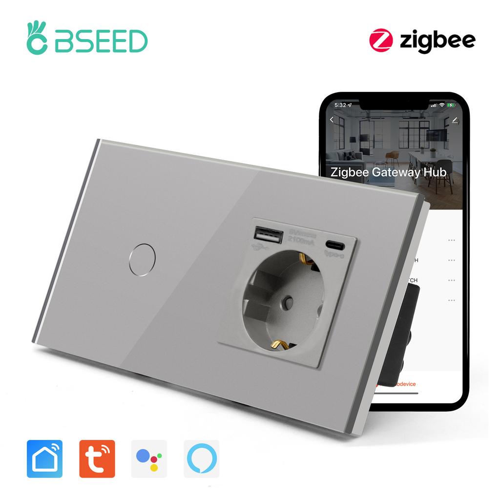 BSEED Zigbee 1/2/3Gang Touch Light Switch 1/2/3Way Sensor Switches With EU Type-c USB Sockets Tuya Smart Life Alexa Control