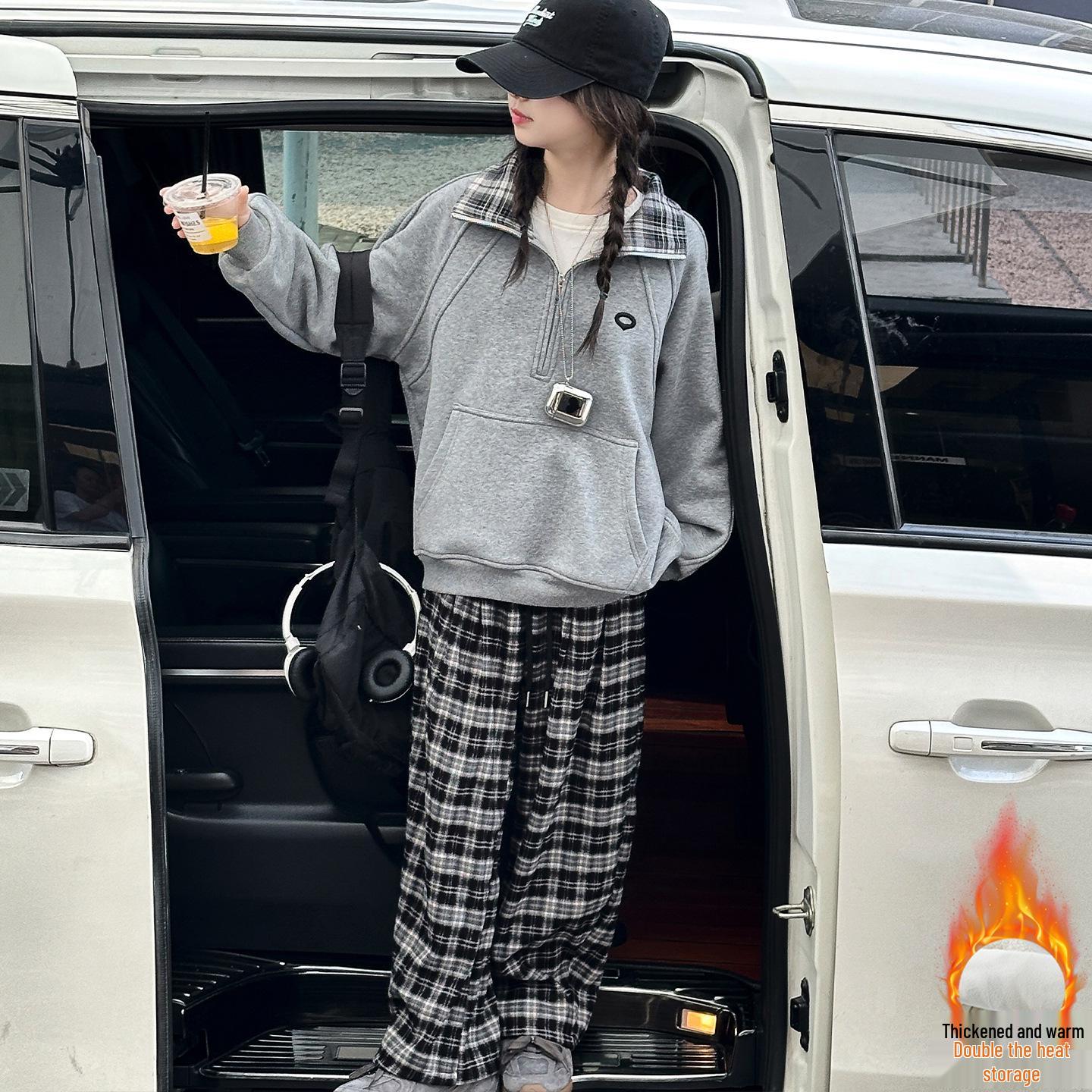 

2025 Girls Warm Plaid Fleece Sweatshirt & Pants Set 150cm