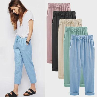 Pantalones de verano de algodón y lino de nueve puntos para mujer, tallas grandes: ligeros y cómodos, para tallas de hasta 136 kg.