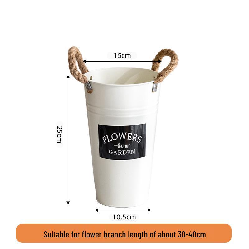 Cream White Floral Water-Holding Tin Bucket for Arrangements with Artificial or Dried Flowers