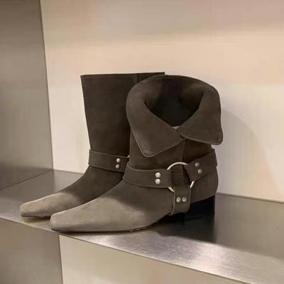 Leather Square Head Thick Heel Martin Boots Women's New Folded Two Wear Suede Locomotive Boots