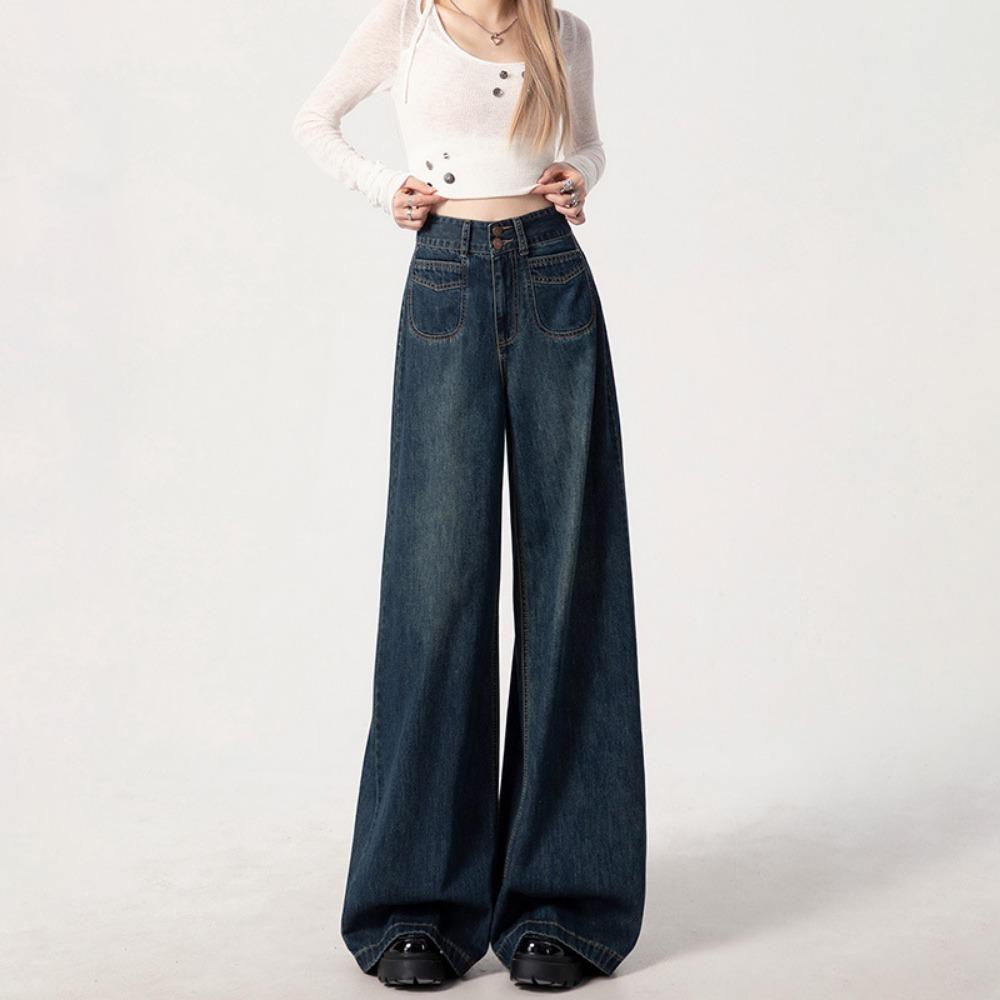 American retro wide-leg jeans spring and autumn washed high-waisted versatile small vertical straight mopping pants