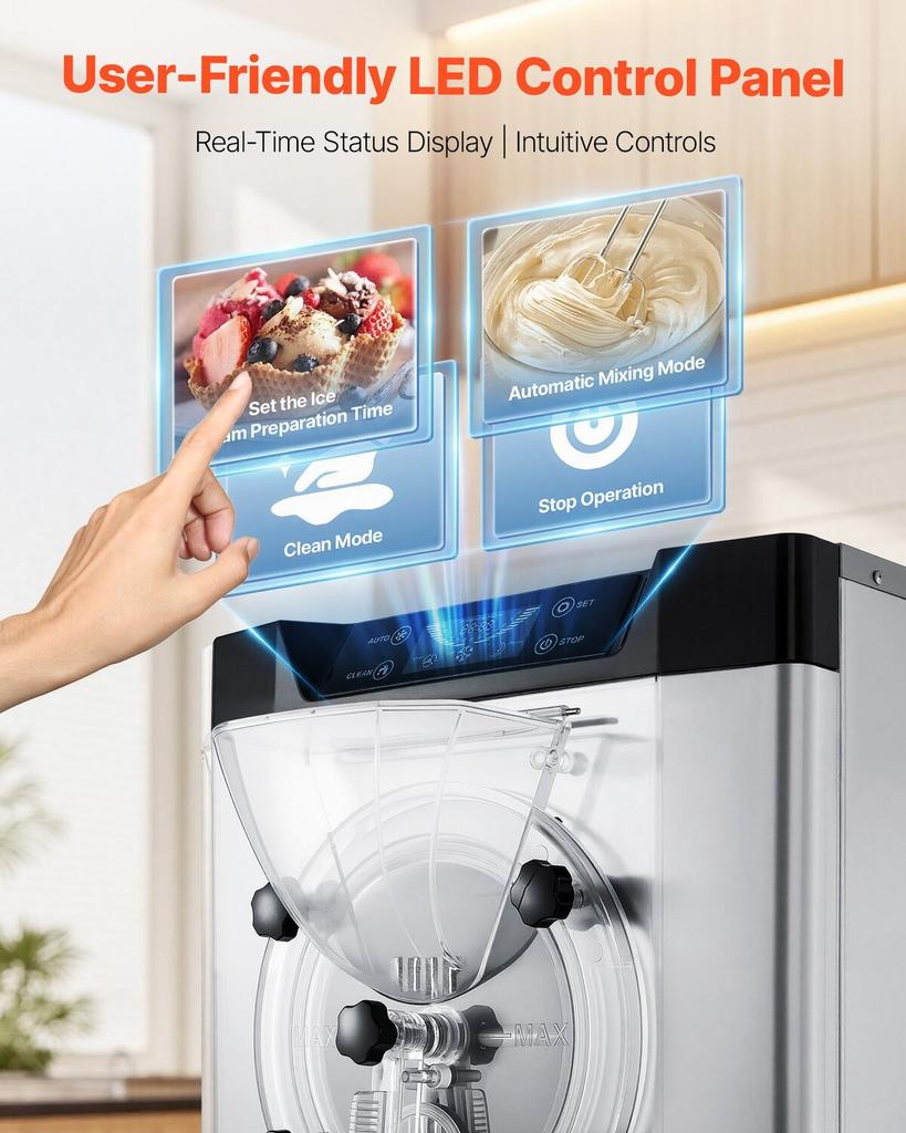 Commercial Hard Ice Cream Machine, 2000W 12-20L Per Hour, Countertop Gelato Hard Serve Ice Cream Maker with 6L 304 Stainless Steel Cylinder, Auto