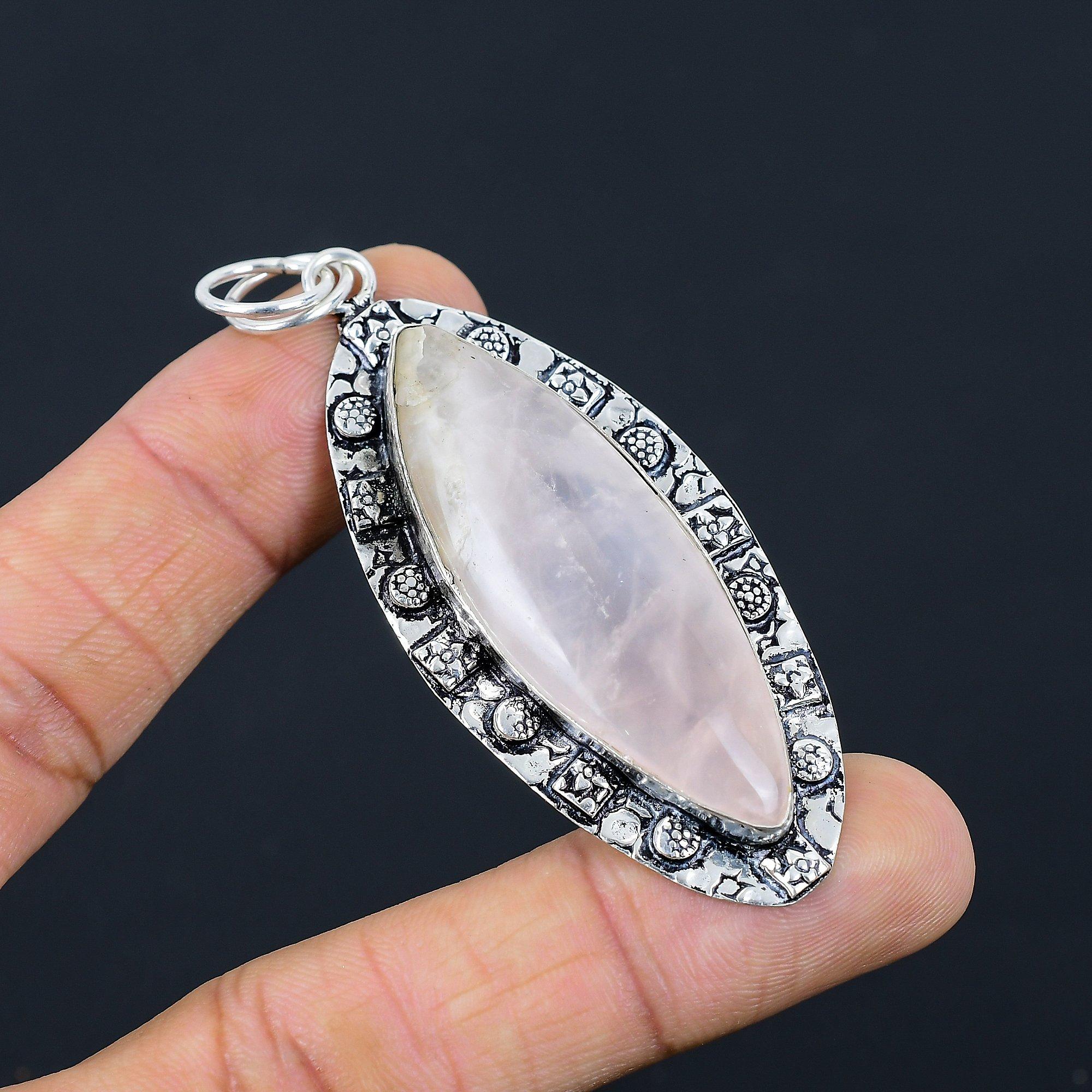 

925 Sterling Silver Rose Quartz Stone Heart Chakra Anniversary Pendant Jewelry