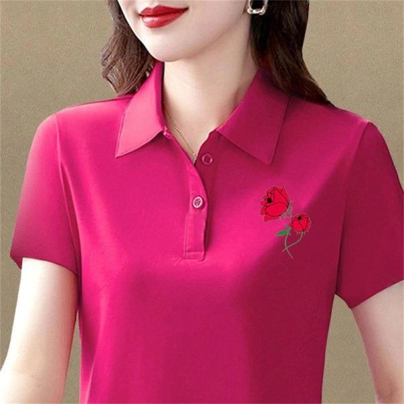 Women Fashion Short Sleeve Floral Print Tees Elegant Collar T-shirt Summer Casual Slim Button Basic Tops