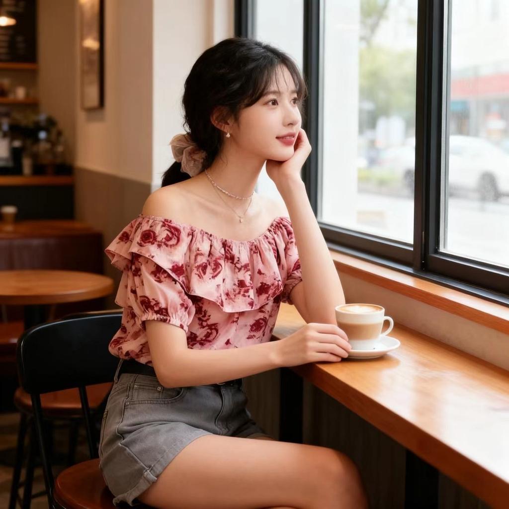Short Sleeve Spice Girl Square Neck Rose French Retro Summer Short Sleeve Shirt Chiffon Shoulder Short Navel New