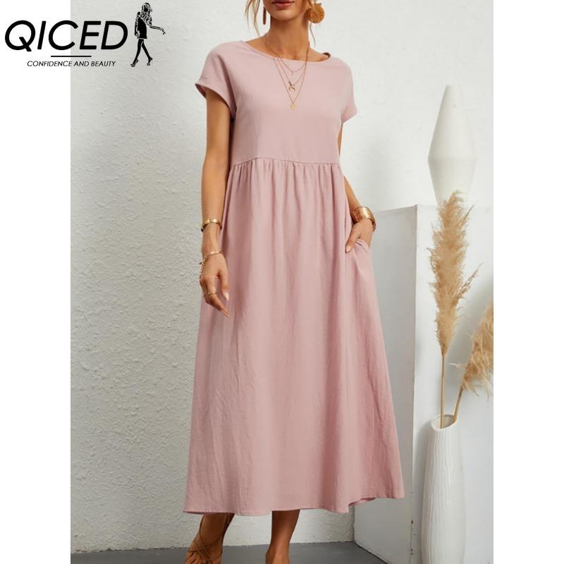 QICED Women's Fashion Summer Spring Solid Color Print Short Sleeve O-Neck Casual Dresses