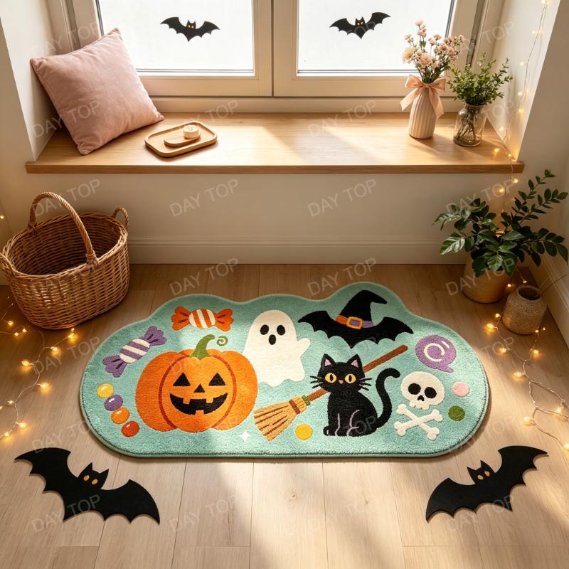 Cloud Shaped Halloween Bath Mat Soft Absorbent Rug Pumpkin Ghost Black Cat Witch Hat Skull Candy Print Non Slip Floor Mat