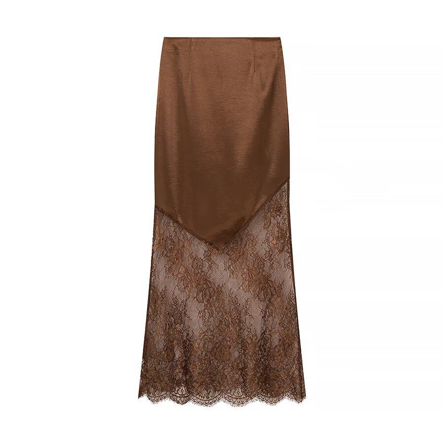 European and American style, new women s fashionable versatile fashionable and sexy lace patchwork midi skirt S темно-коричневого