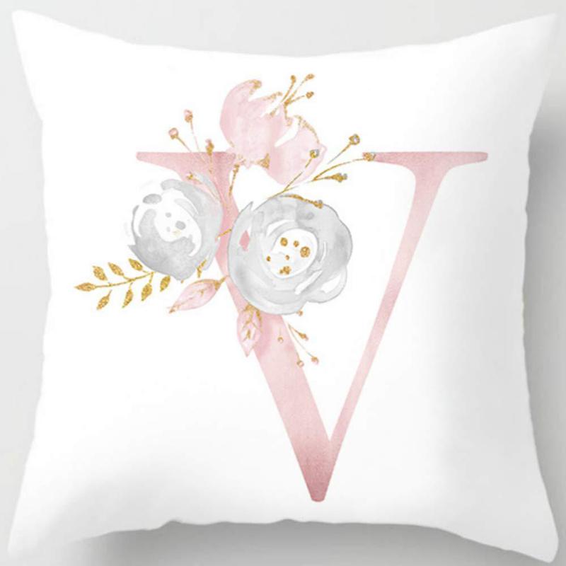 White Pink Alphabet Pillowcase Letter A-Z Flower Pillow Cover Sofa Cushion Cover Home Decor Pillow Cover