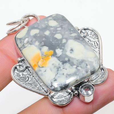 Natural Maligano Jasper, White Topaz 925 Sterling Silver Pendant 2.36" W6D68