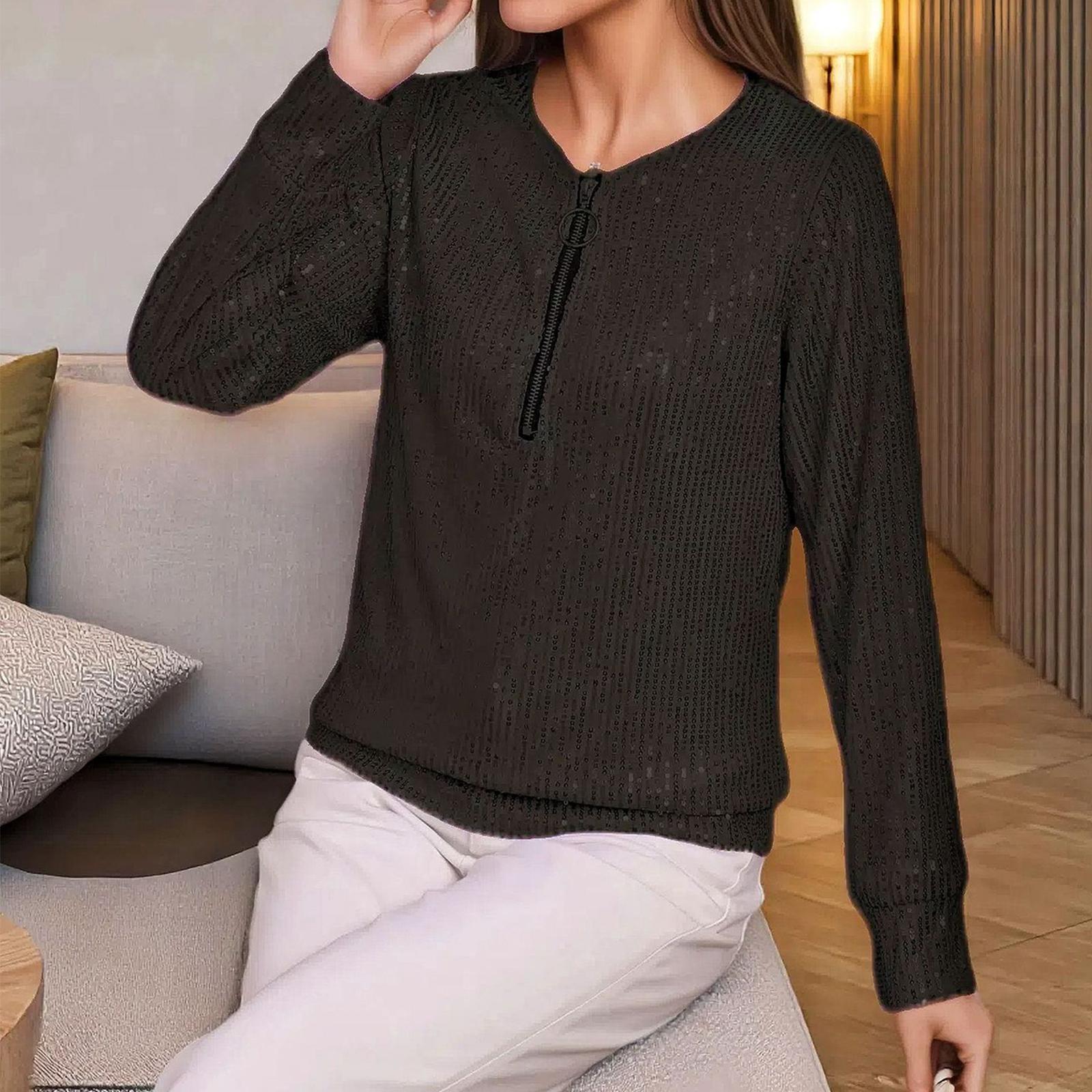 

Женская модная и повседневная свободная футболка с круглым вырезом и длинными рукавами однотонного цвета с пайетками L чёрный