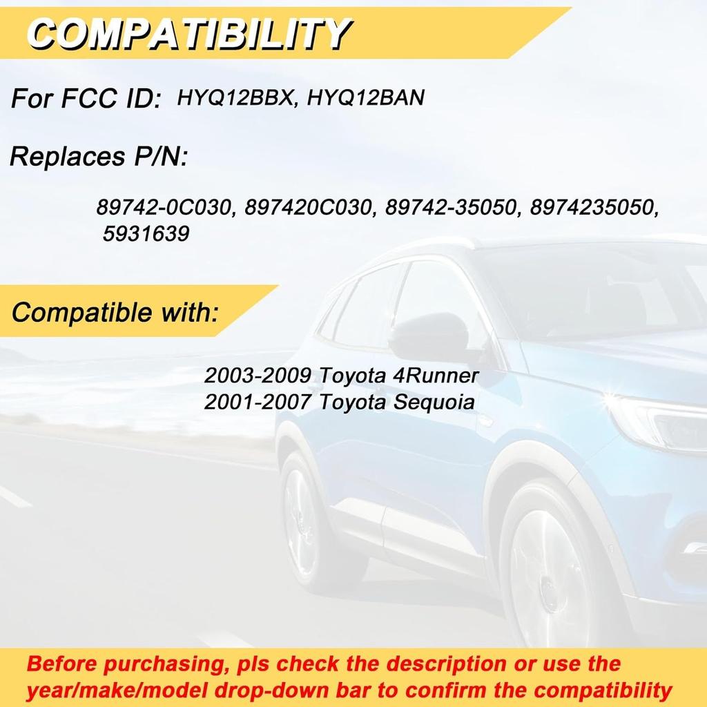 Key Fob Replacement for 1999-2009 Toyota 4Runner/ 2001-2007 Sequoia Car Keyless Entry Remote Control,HYQ12BBX HYQ12BAN,4 Buttons