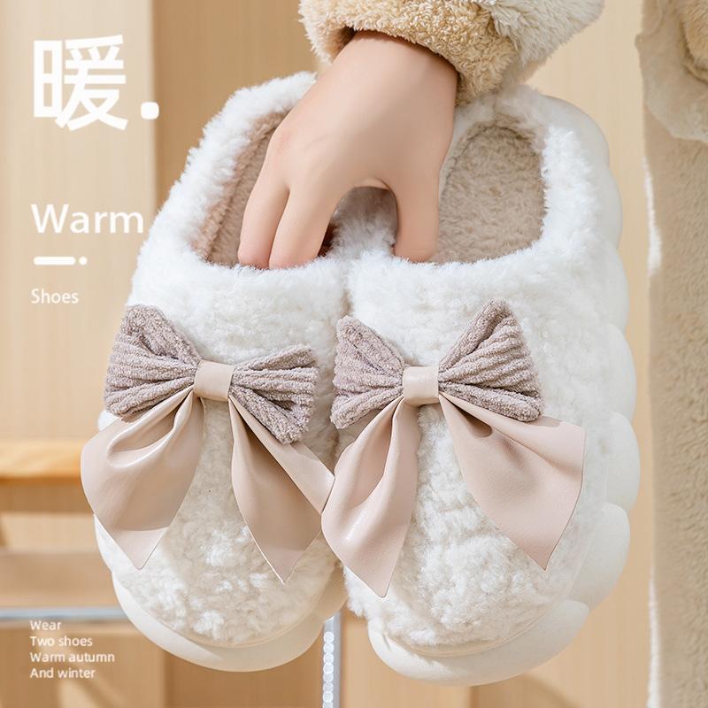 

Lace lace bow girl wind cotton slippers women can wear wear wear-resistant non-slip warm couple cotton shoes home 36-37
