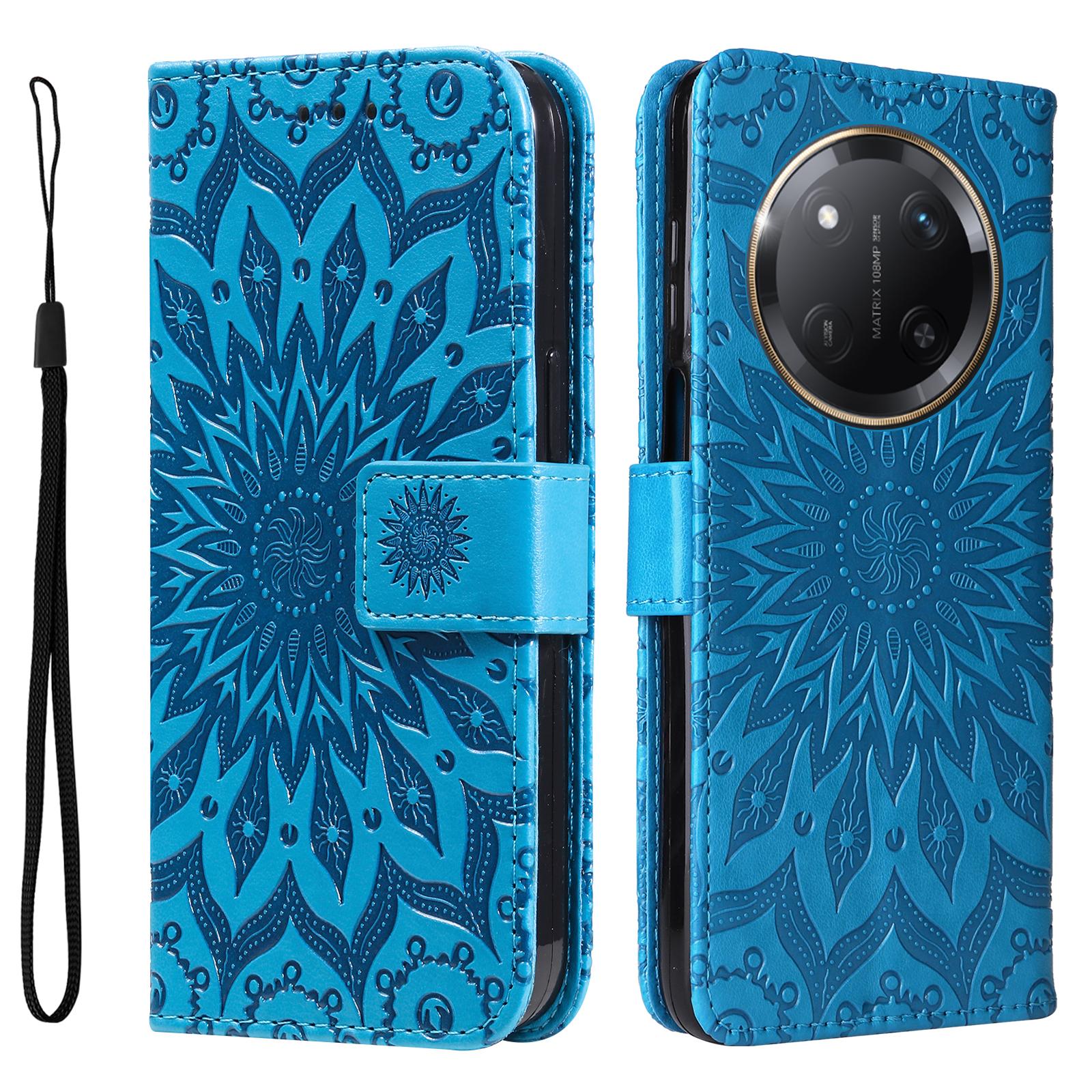 

For Honor Magic7 Lite 5G/X9c 5G/X60 Pro 5G Phone Case Sunflower Imprinted Leather Wallet Stand Cover with Strap Blue