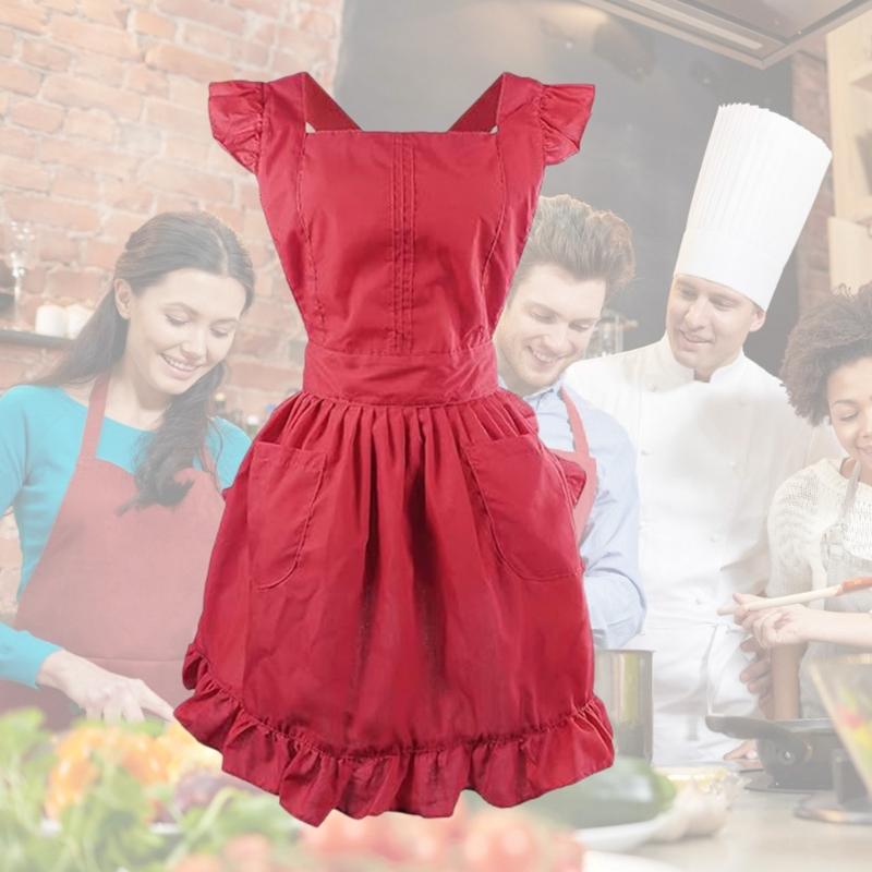 Women Ruffled Apron with Pocket Cotton Apron Pinafore Dress Ruffle Maid Apron Kitchen Cooking Apron for Baking Gardening
