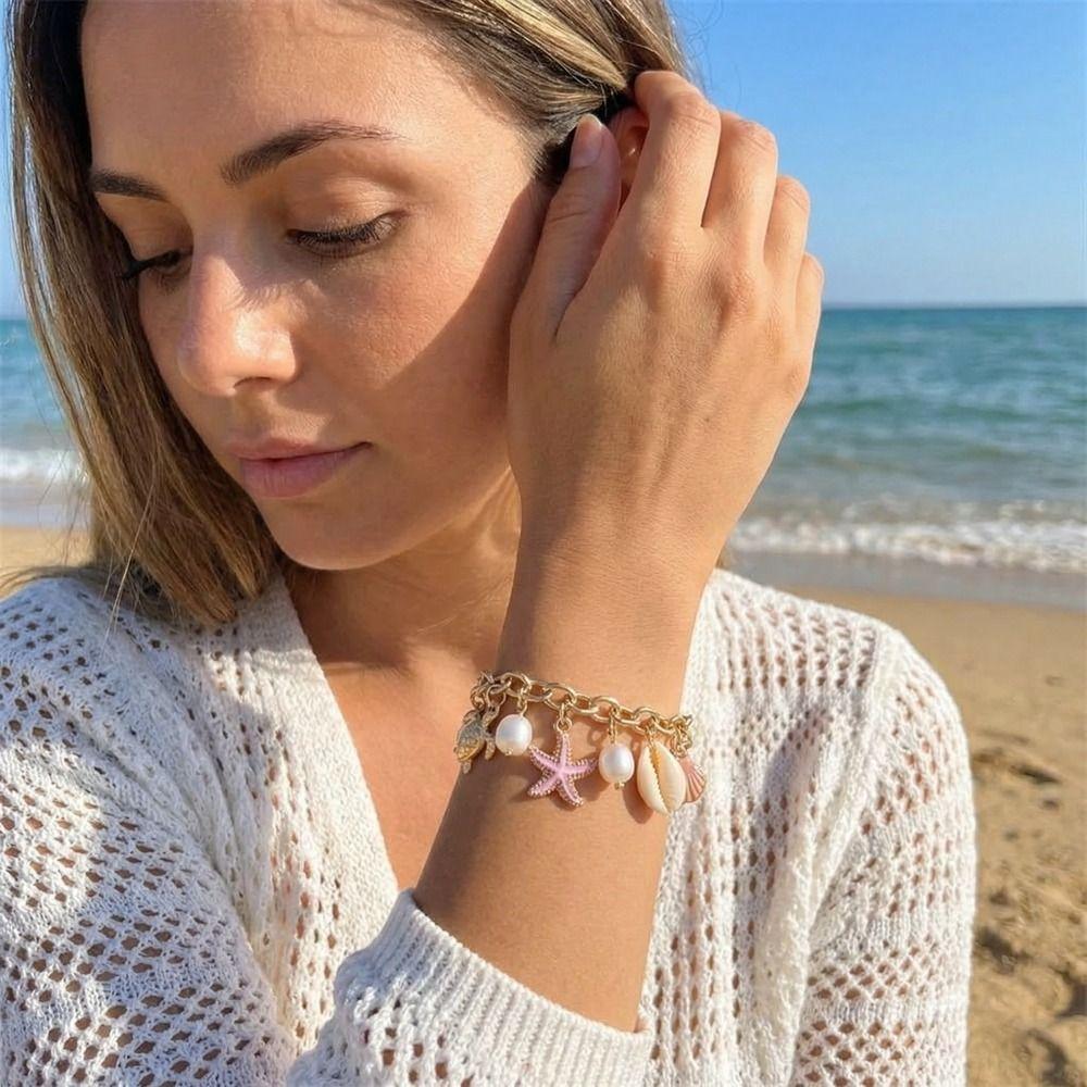 Boho Shell Starfish Bracelet Pearl Bohemian Beach Jewelry Metal Gold Bracelet Party Jewelry