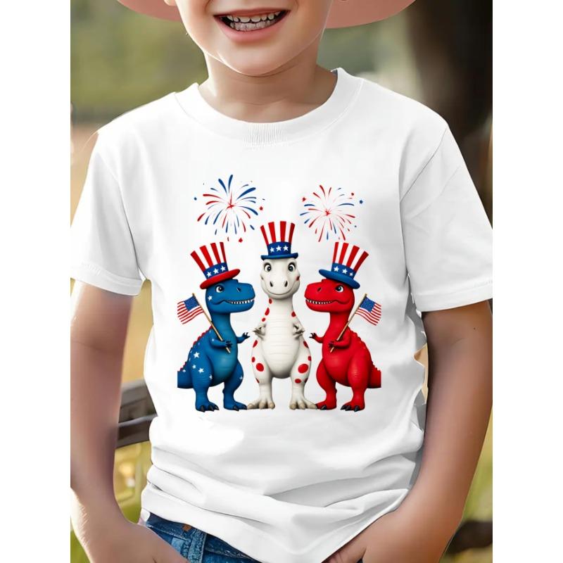European sizes Kids Patriotic Dinosaur T-Shirt - 4th of July USA Flag Hat and Fireworks Graphic Tee for Boys and Girls 98cm белый