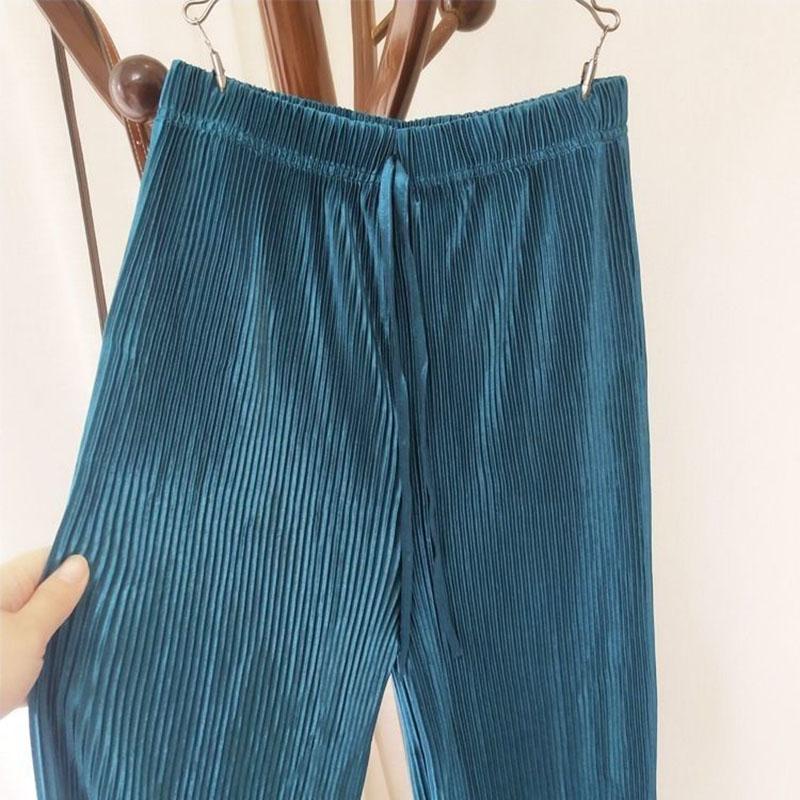 Sommer Plissee Eisseidenhose für Damen Einfarbig Elastischer Bund Locker Weites Bein Hose Damen Casual All-Match Chiffonhose