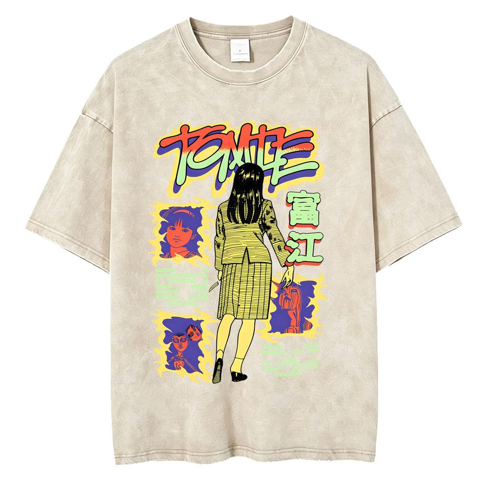 Anime Tomie Junji Ito Vintage Washed T-shirt Men Women Manga Horror Gothic Rock T Shirts Male Retro High Quality Cotton T-shirts