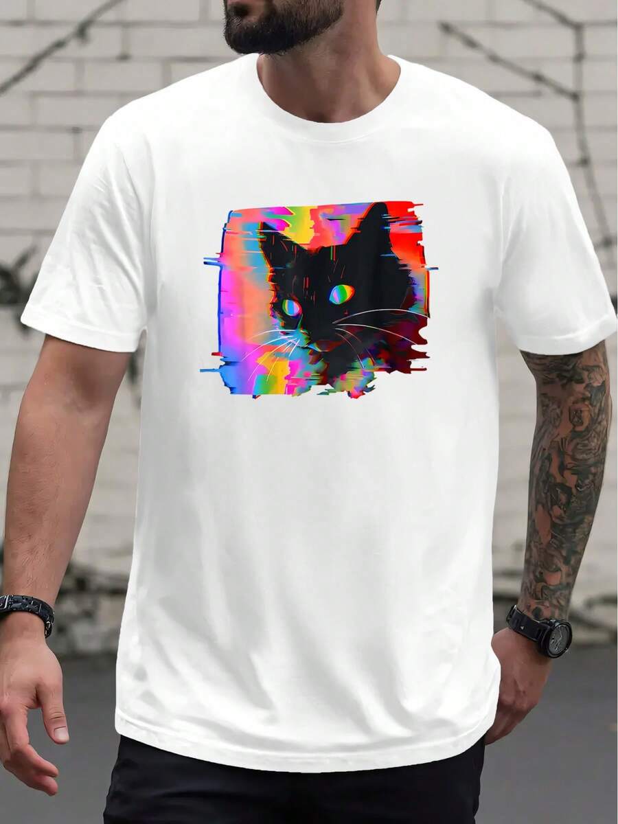

Unisex S Casual Graphic T-Shirt - Black Cat Print, Crew Neck, Short Sleeve, Summer Vacation Style, Lightweight Polyester Blen XXXL