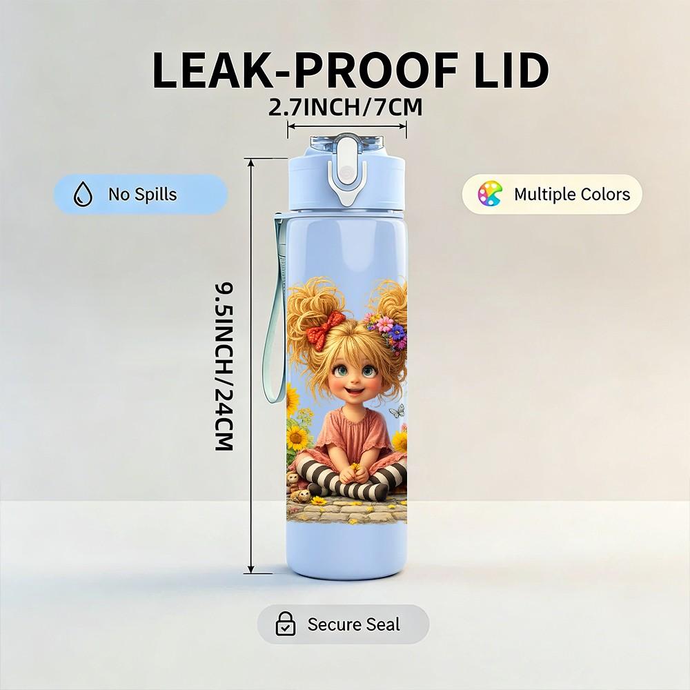 1PC Curly Hair Girl Sunflower Field Print 750ml Color Plastic Sports Water Bottle Leakproof Flip Straw Lid Suitable for Sports Office Home Use