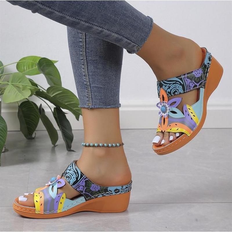 Fashion Wedge Slippers Colorblock Tribal Floral Pattern New Women's Platform Slides Tribal Floral Print Sandals Women Ethnic Shoes