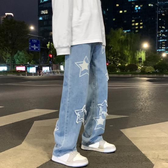 Men Denim Pants Five-pointed Star Pattern Embroidery Loose Wide Leg Streetwear Solid